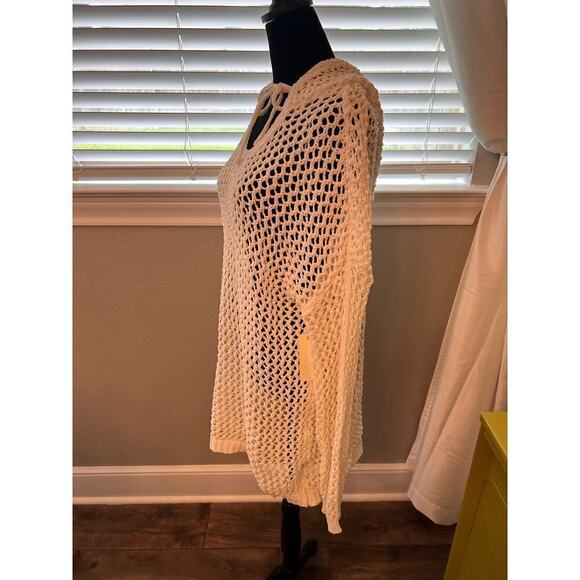 NWT Nicole Miller off white open knit crochet hooded tunic Cover Up. Poly. Sz L - Picture 9 of 11